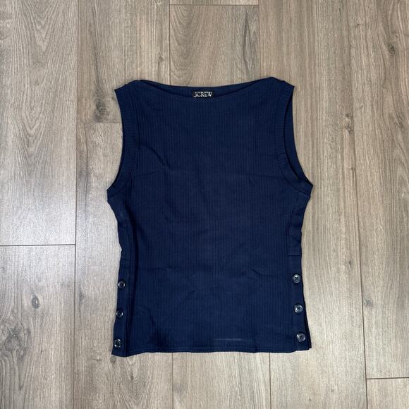 J.Crew Premium Rib Side-Button Top WMNS M Navy Blue Sleeveless Slim Fit Stretch - Picture 2 of 6